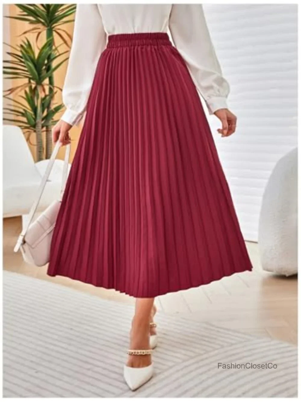 Pleated Long Skirt High Rise A-Line Midi Stretchy
